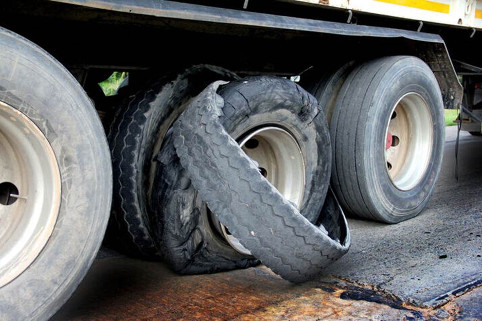 Close up of a blown out truck tire. It is surrounded by several other truck tires and is on the side of the road.